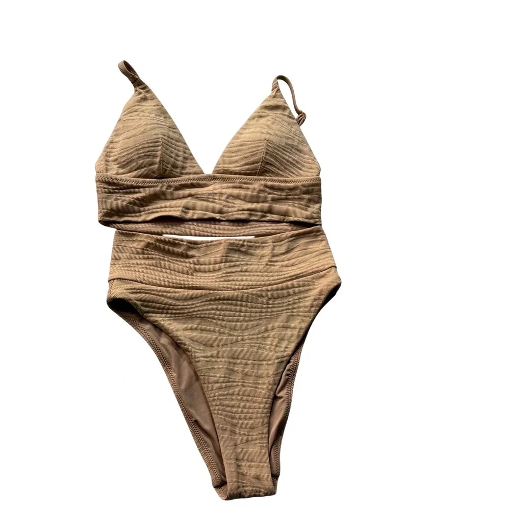 Aerie‎ Real Good Tan Textured Triangle Bikini Top High Cut Cheeky Bottom Set XS